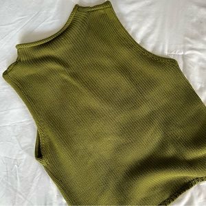 Vintage Olive Green Knit Turtleneck Sweater Tank Top - 100% Cotton
